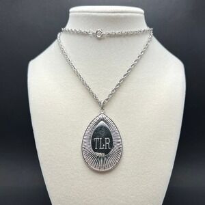 Vintage Coro Pegasus Monogram Pendant Necklace Silver Tone Teardrop Textured TLR